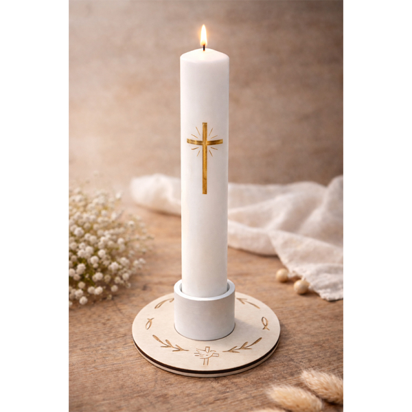 Kerzenhalter Kommunion #weiss ~ optional mit Kerzenring aus Holz ( Zweige/Fische/Taube)